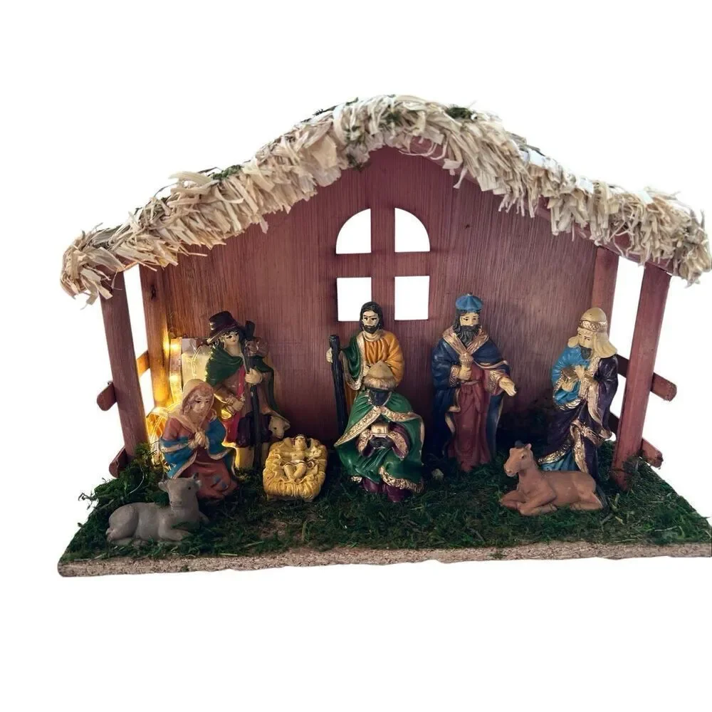 Lighted Christmas Nativity Set, Nativity Sets for Christmas Indoor w/Wooden Stal